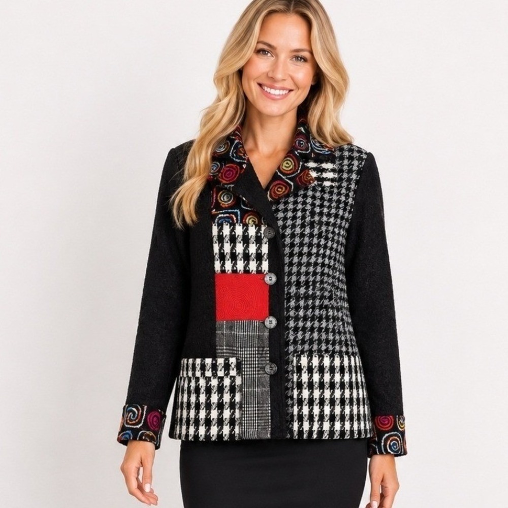 Radzoli Womens NWT SM Patchwork Houndstooth Boucle Jacket Art To Wear Eccentric